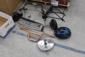 lot 690 image: Lot of (8) Bicycle Parts - Handlebars, Sprocket Set, Seats with Post, Saddleracks, Helmet