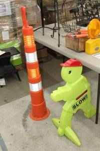 lot 716 image: Lot of (2) 48, 32 Safety Cones - SLOW Green Turtle, Orange Pylon