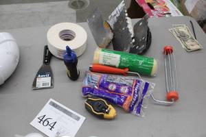 lot 464 image: Lot of (10) Painting and Mudding Hand Tools - Joint Tape, Stud Finder, Rollers and Pads, Putty Knife, Mud Trowels, DeWalt 4oz Blue Chalk