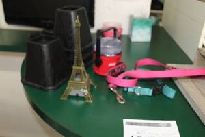 lot 480 image: Small Bed Risers, Dog Collar and Leash, Coleman Lantern, Eiffel Tower Light