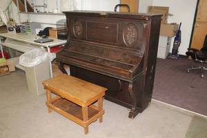 lot 429 image: Vintage 1901 Ludwig Paris 1900 - Buffalo 1901 New York Upright Piano Serial 73939, Dehumidifer, Piano Bench and Sheet Music