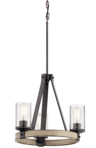 lot 66 image: New Kichler Barrington 3-Light Anvil Iron and Distressed Antique Grey Rustic Chandelier - Missing One Glass Shade