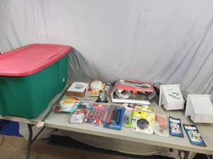 lot 140 image: Tote with Assorted Hardware, Thermostats, Dryer Vents, Etc.