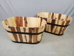 lot 159 image: 2 New Acacia Wood Barrel Planters