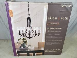 lot 160 image: New allen  roth 5 Light Chandelier - One Broken Glass