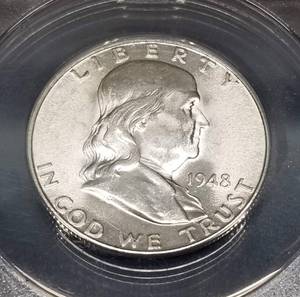 1948-D FRANKLIN HALF DOLLAR DBL DIE OBV MS63 ANACS RARE COIN
