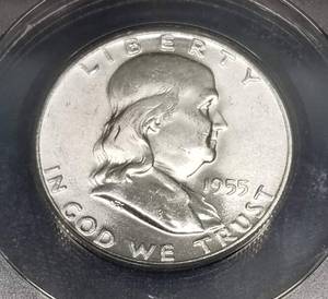 1955 FRANKLIN HALF DOLLAR MS63FBL RARE FS-402 CLASHED DIES VARIETY