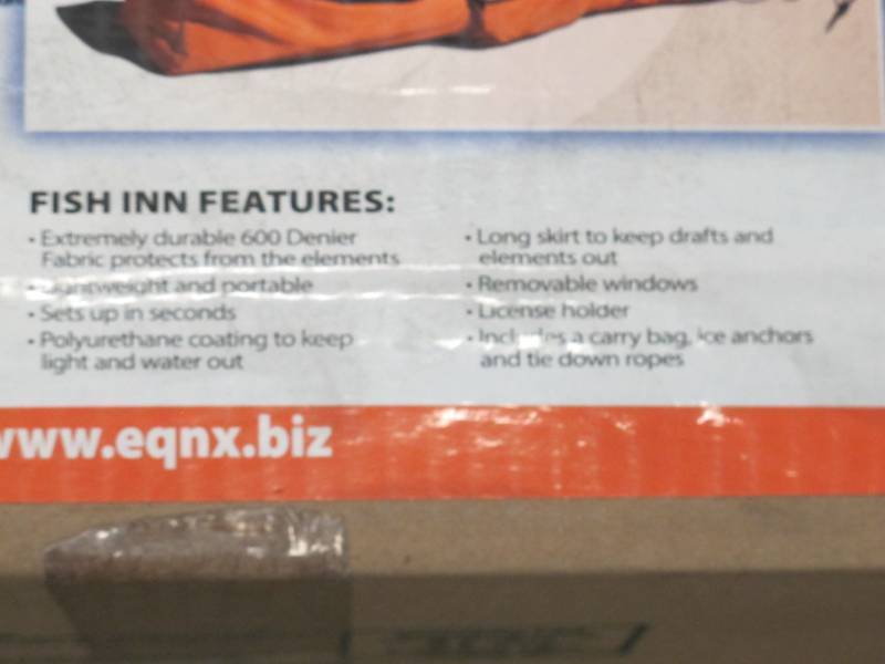 lot 353 image: Costco The Fish INN Rendezvous by Equinox Pop Up Ice Fishing Portable Shelter - OrangeBlack