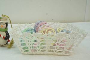 tree ornaments and crocheted eggs