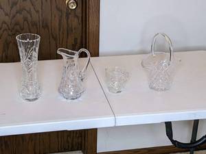 lot 65 image: Lot of Etched Glass Vase, Pitcher, and More