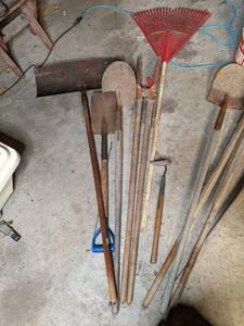 lot 16 image: 3 shovels, 1 rake, and 1 post hole ...