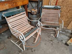 lot 27 image: 2 iron frame chairs with multiple b...