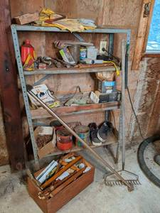 lot 68 image: Metal shelf plus contents and woode...