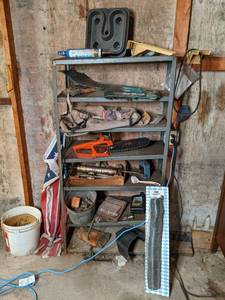 lot 81 image: Metal rack and contents, includes a...