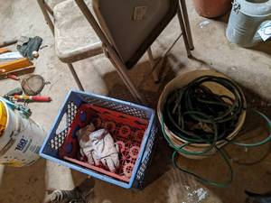 lot 87 image: 2 metal folding chairs, bucket with...