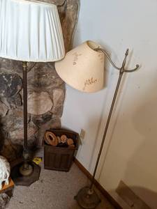 lot 222 image: 2 floor lamps and a container of wo...