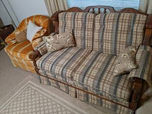 lot 223 image: Wood frame couch and side chair. Co...