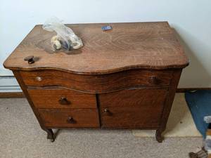 lot 228 image: Antique wood dresser top is 34 x 20...