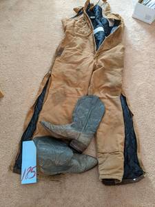 lot 185 image: XL Carhart bibs and size 10.5 cowbo...