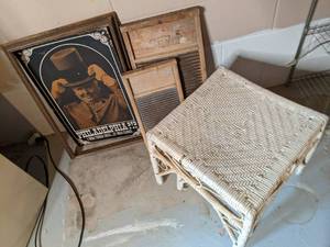 lot 248 image: Wicker stools wash boards and vinta...