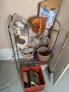 lot 251 image: Metal.shelf with contents and milk ...
