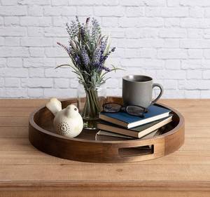 lot 100 image: Kate and Laurel Hutton Large Round Wood Tray with Handles, Natural Rustic Finish