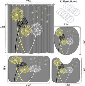 lot 79 image: AtGoWac 4 Piece YellowGrey Dandelion Shower Curtain Set wRugs & Bath Mat