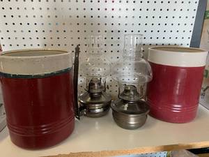 lot 22 image: 2 Vintage Stoneware Crocks & 2 Lanterns