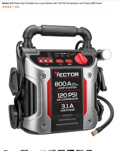 Vector 800 Peak Amp Portable Car Jump Starter with 120 PSI Compressor and Triple USB Power. See Pictures