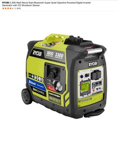 RYOBI 2,300-Watt Recoil Start Bluetooth Super Quiet Gasoline Powered Digital Inverter Generator with CO Shutdown Sensor. See Pictures