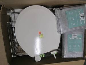 box full of toilet seat, wire baske...