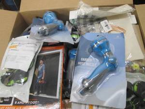 box of sprayers, weed trimmer spool...