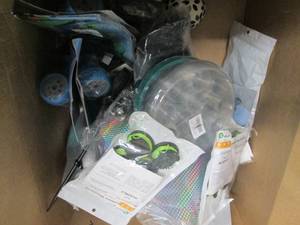 box of sprayers, weed trimmer spool...