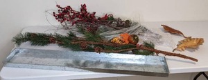 lot 72 image: Holiday Decor Pine Tree Stalk, Carved Wooden Leaf Trays, Galvanized Steel Trays, & More