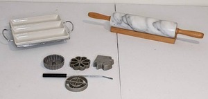 lot 79 image: Kitchen Lot Relish Server, Marble Rolling Pin, & Happy Days Patry Shell & Rosette Molds