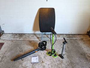lot 106 image: Worx Electric Leaf Blower, 2 Tire Pumps, and Table