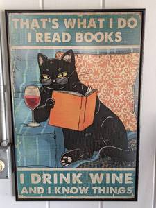 lot 119 image: Humorous Framed Wall Art-Black Cat Drinking Wine, Reading