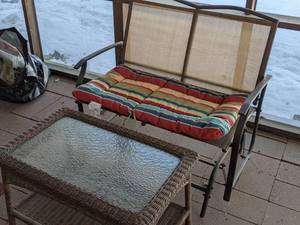 lot 123 image: Patio Furniture Set 2-Seat Glider and Glass Topped Coffee Table