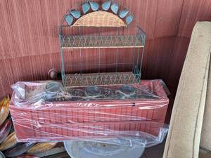 lot 124 image: Decorative Red Planter Box and Small WickerMetal Hanging Shelf