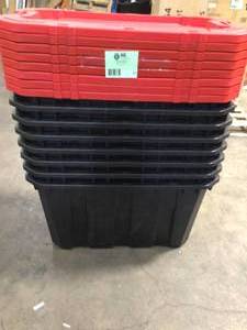 Lot of 45 Gal. Latch and Stack Tote in Red and Black with Wheels by Husky See Pictures