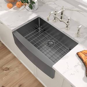 lot 406 image: 36 Farmhouse Sink - Sarlai 36 inch Kitchen Sink Apron Front Gunmetal Matte BlackDark Gray Stainless Steel 16 Gauge Deep Single Bowl Kitchen Farm Sink.