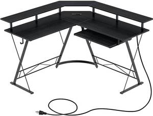 lot 426 image: Seven Warrior Gaming Desk 50.4 with Power Outlets, L-Shaped Computer Corner Desk Carbon Fiber Surface with Monitor Stand, Ergonomic Gamer Table with Cup Holder, Headphone Hook, Black, GD005-BK-SR - MISSING KEYBOARD SLIDE TRAY.