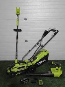 lot 5 image: Ryobi 3 piece kit with Battery & Charger - 13 in Mower40v Leaf Blower 40V String Weed Whip.  1- 40 volt battery and charger