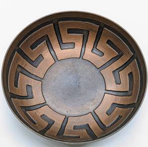 lot 61 image: Chilean Copper & Clay Artisanal Works - Copper Dish, Abstract Llama, Mini Eggs, Pourer