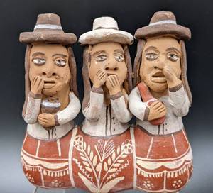 lot 63 image: Folk Art Three Women Flute and Llamas Planter - Peru Terracotta