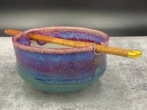 lot 113 image: Vintage Asian Inspired Pottery - 3 Pieces and Vintage Chopsticks