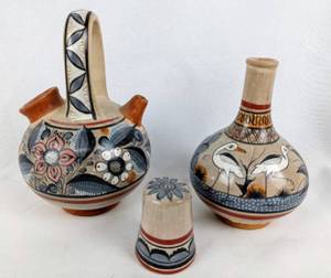 lot 189 image: Mexican Punched Tin Mirror, Signed Pottery, and Vase