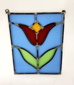 lot 289 image: Hand Crafted Stained Glass Art and Matching Candle Holders