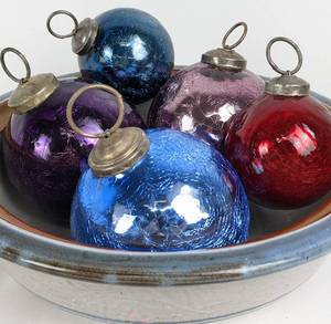 lot 192 image: Pottery Bowl with Five Hand-Blown Glass Ornaments