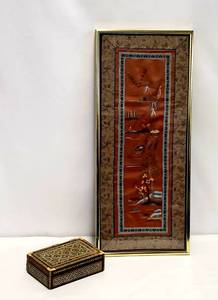 lot 299 image: Framed Chinese Silk Embroidered Fabric Wall Hanging Panel  Jewelry Box